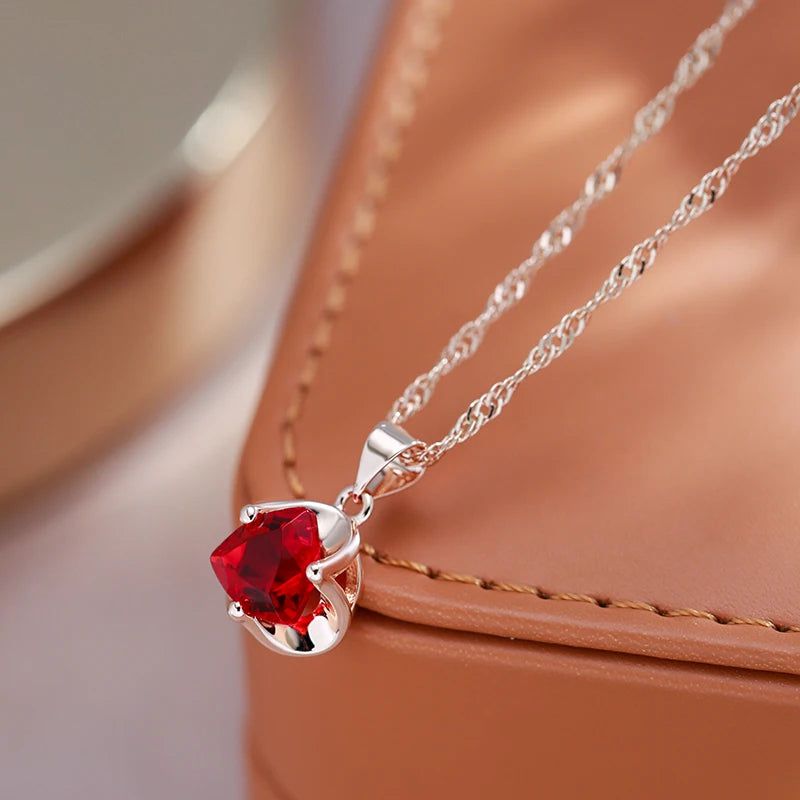 Romantic Red Zircon Pendant Necklace in 585 Rose Gold for Couples