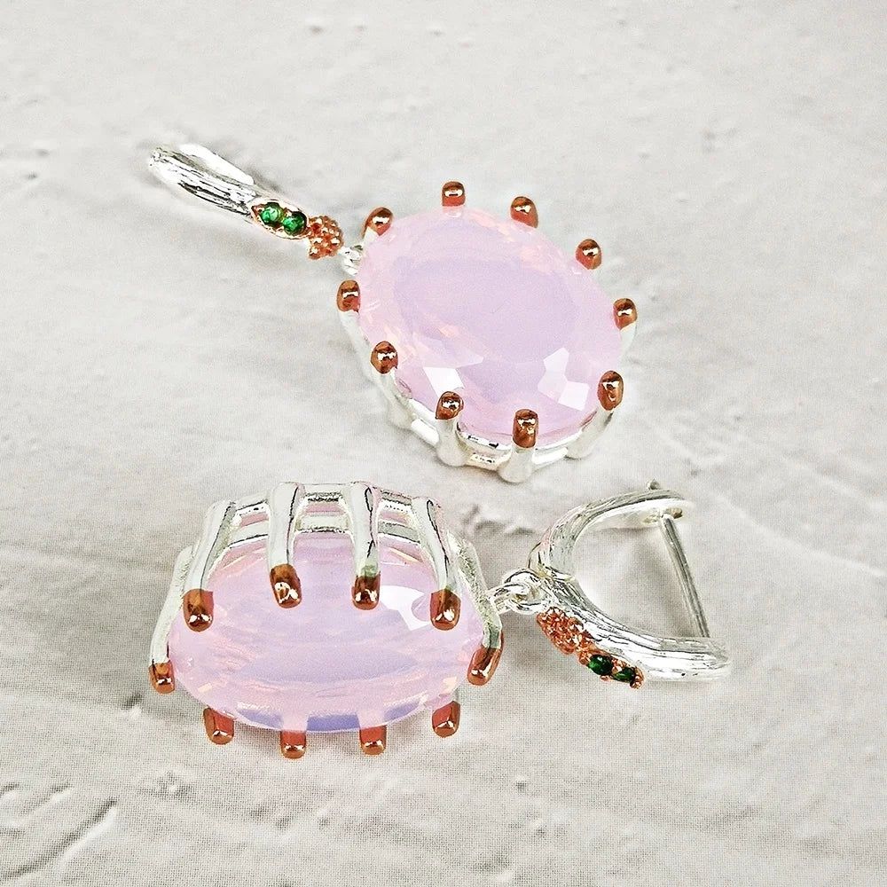 Rose Gold Baroque Dangle Earrings with Pink Opal and Cubic Zirconia