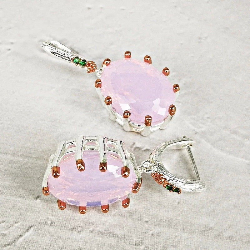 Rose Gold Baroque Dangle Earrings with Pink Opal and Cubic Zirconia