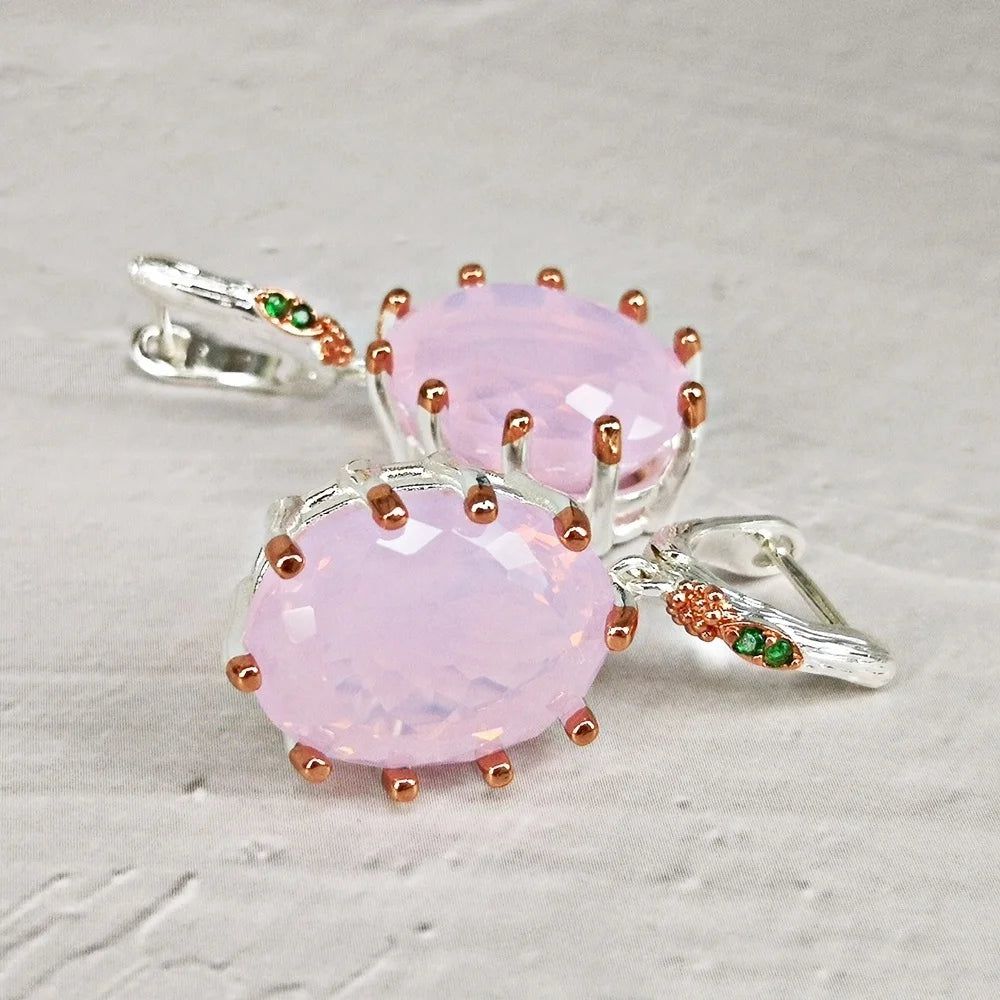 Rose Gold Baroque Dangle Earrings with Pink Opal and Cubic Zirconia