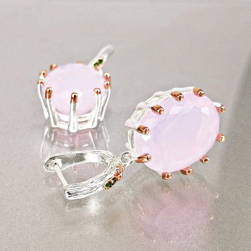 Rose Gold Baroque Dangle Earrings with Pink Opal and Cubic Zirconia