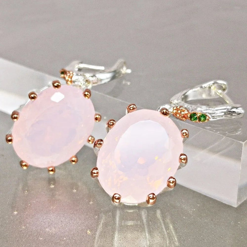 Rose Gold Baroque Dangle Earrings with Pink Opal and Cubic Zirconia