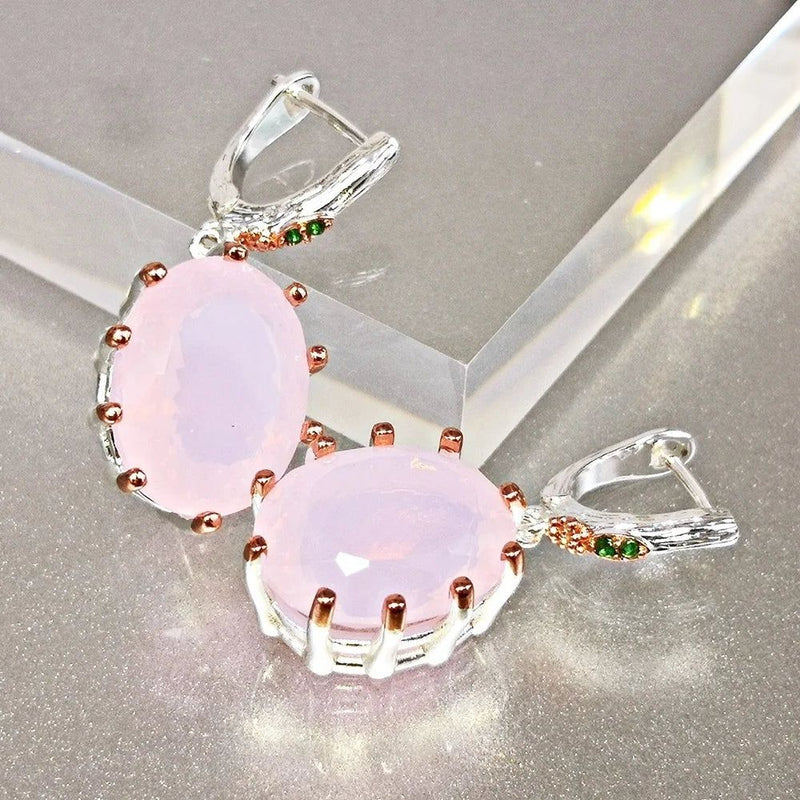 Rose Gold Baroque Dangle Earrings with Pink Opal and Cubic Zirconia