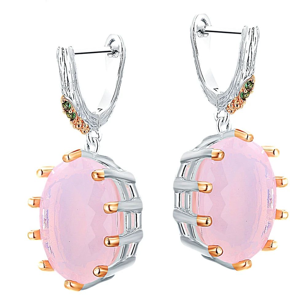 Rose Gold Baroque Dangle Earrings with Pink Opal and Cubic Zirconia