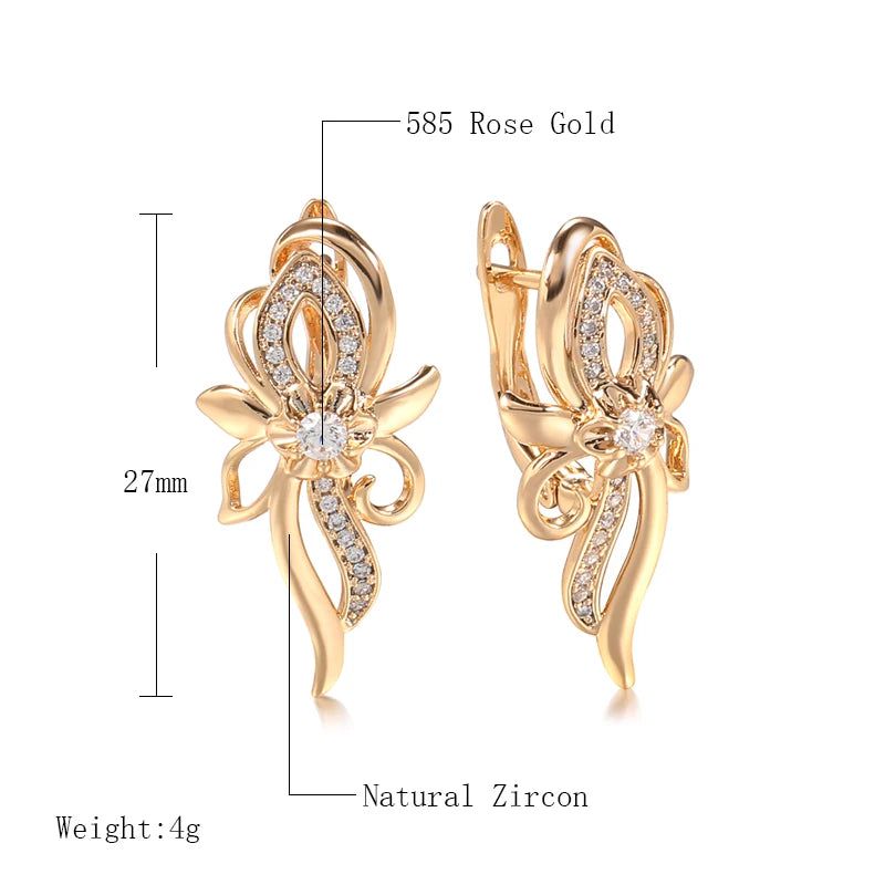 Rose Gold Crystal Floral Drop Earrings with Natural Zircon Inlay - Elegant Boho Bridal Jewelry