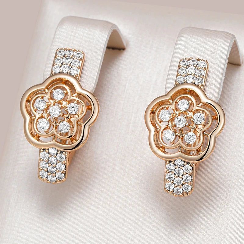 Rose Gold Crystal Flower Drop Earrings with Natural Zircon - Vintage Trendy Jewelry