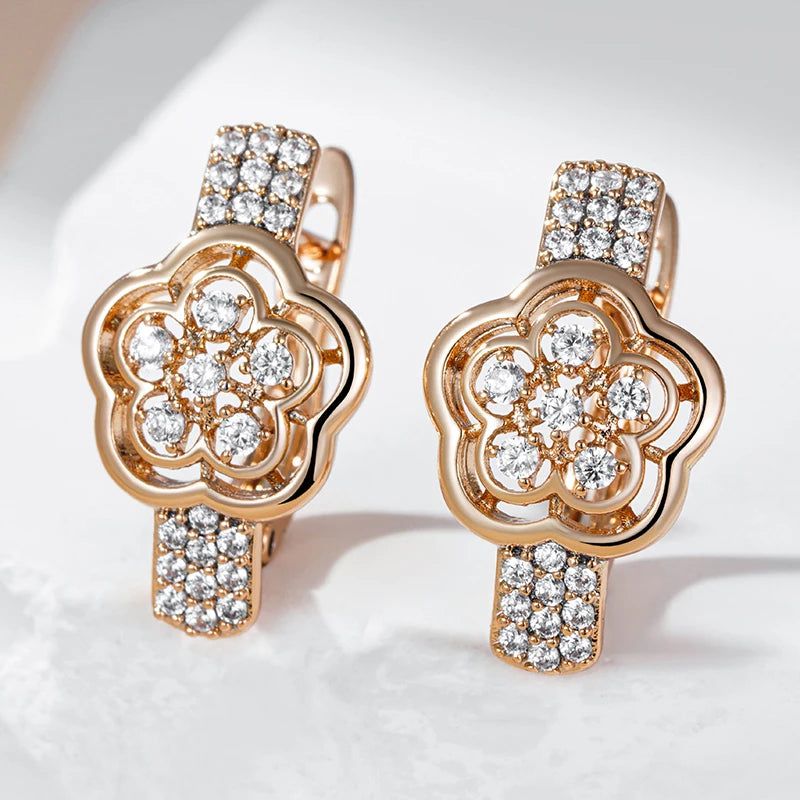 Rose Gold Crystal Flower Drop Earrings with Natural Zircon - Vintage Trendy Jewelry