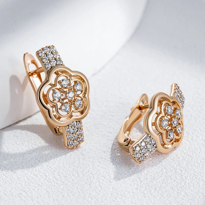 Rose Gold Crystal Flower Drop Earrings with Natural Zircon - Vintage Trendy Jewelry