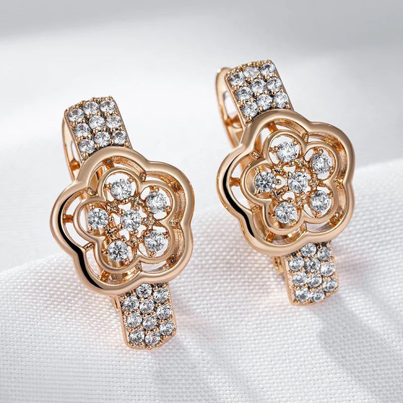 Rose Gold Crystal Flower Drop Earrings with Natural Zircon - Vintage Trendy Jewelry