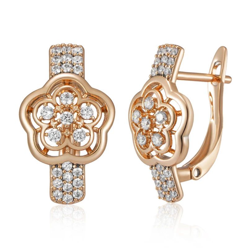 Rose Gold Crystal Flower Drop Earrings with Natural Zircon - Vintage Trendy Jewelry