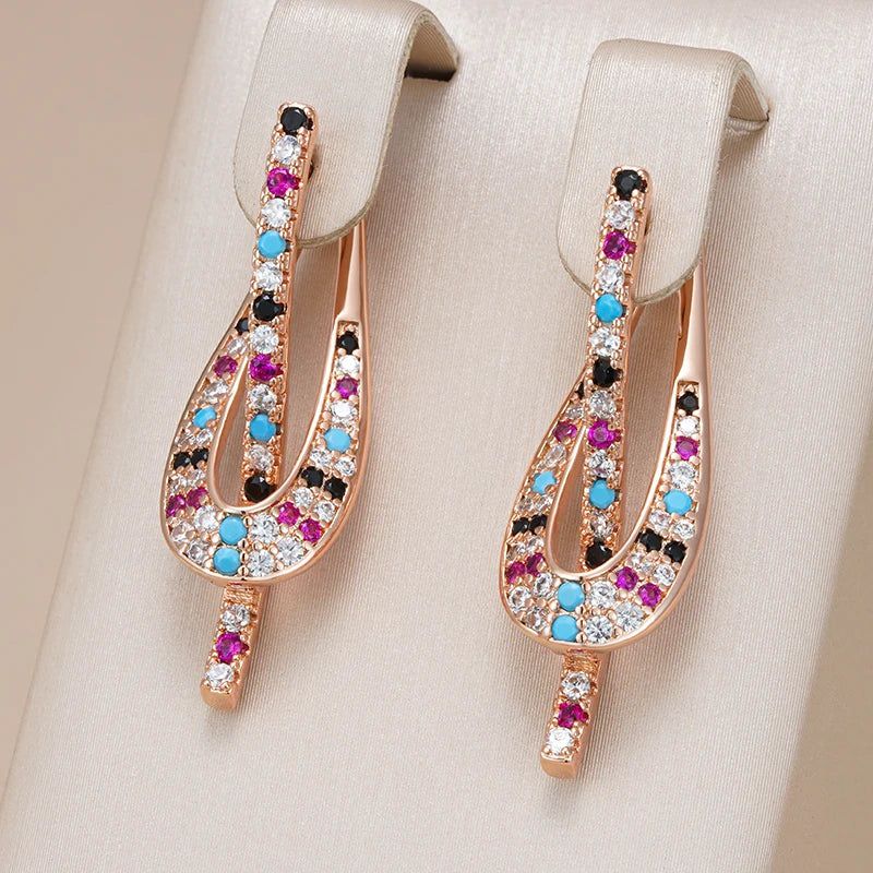 Rose Gold Dangle Earrings with Colorful Natural Zircon - Trendy Geometric Jewelry