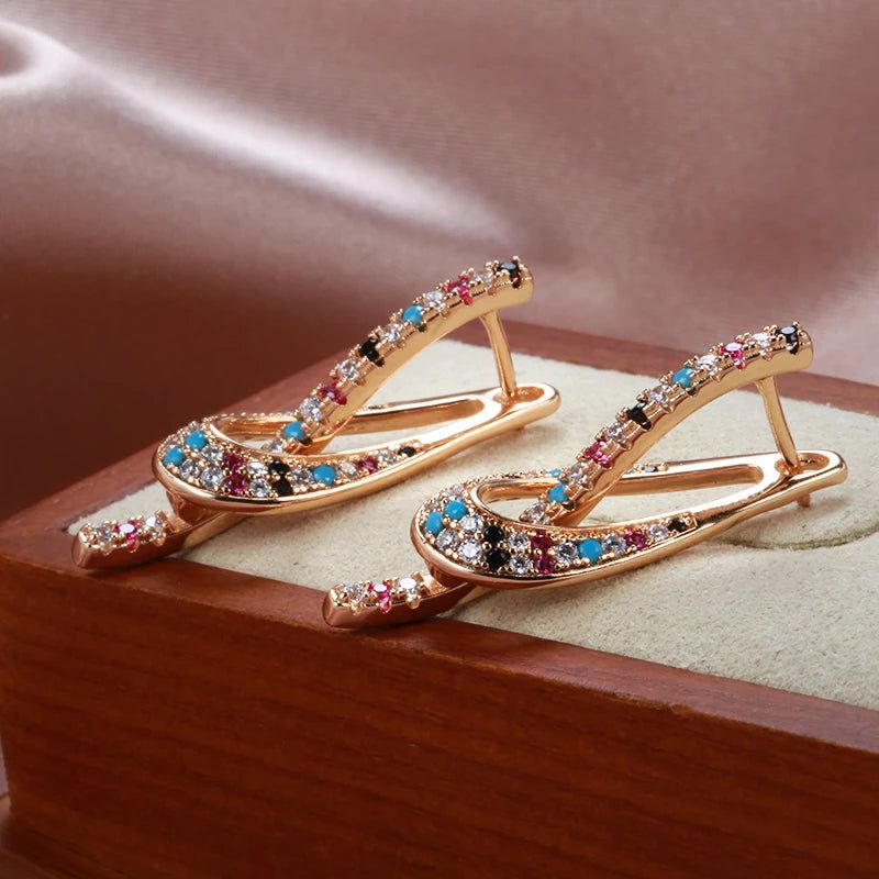 Rose Gold Dangle Earrings with Colorful Natural Zircon - Trendy Geometric Jewelry