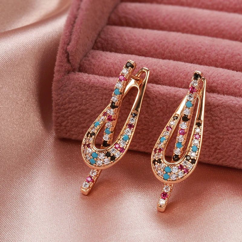 Rose Gold Dangle Earrings with Colorful Natural Zircon - Trendy Geometric Jewelry