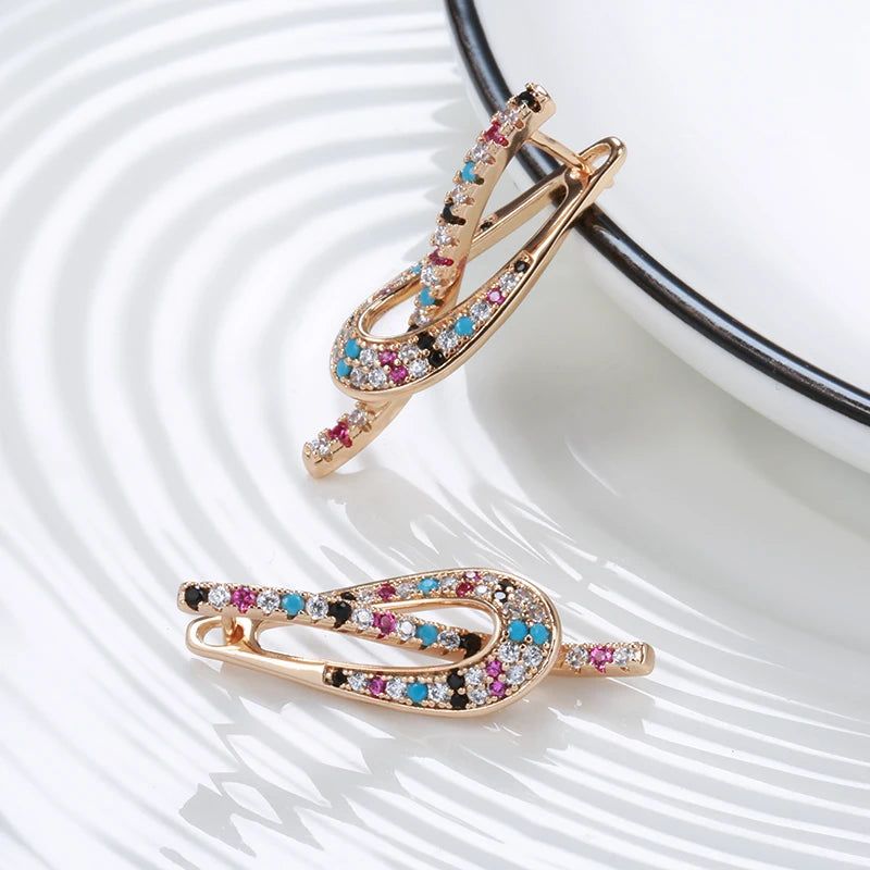 Rose Gold Dangle Earrings with Colorful Natural Zircon - Trendy Geometric Jewelry