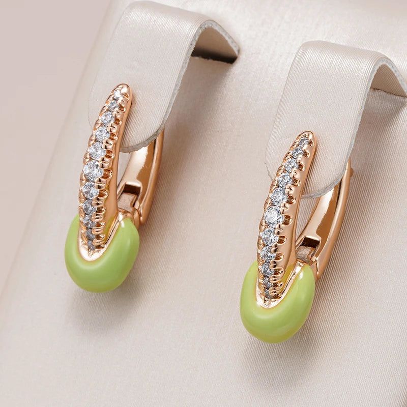 Rose Gold Green Enamel Geometric Drop Earrings with Natural Zircon