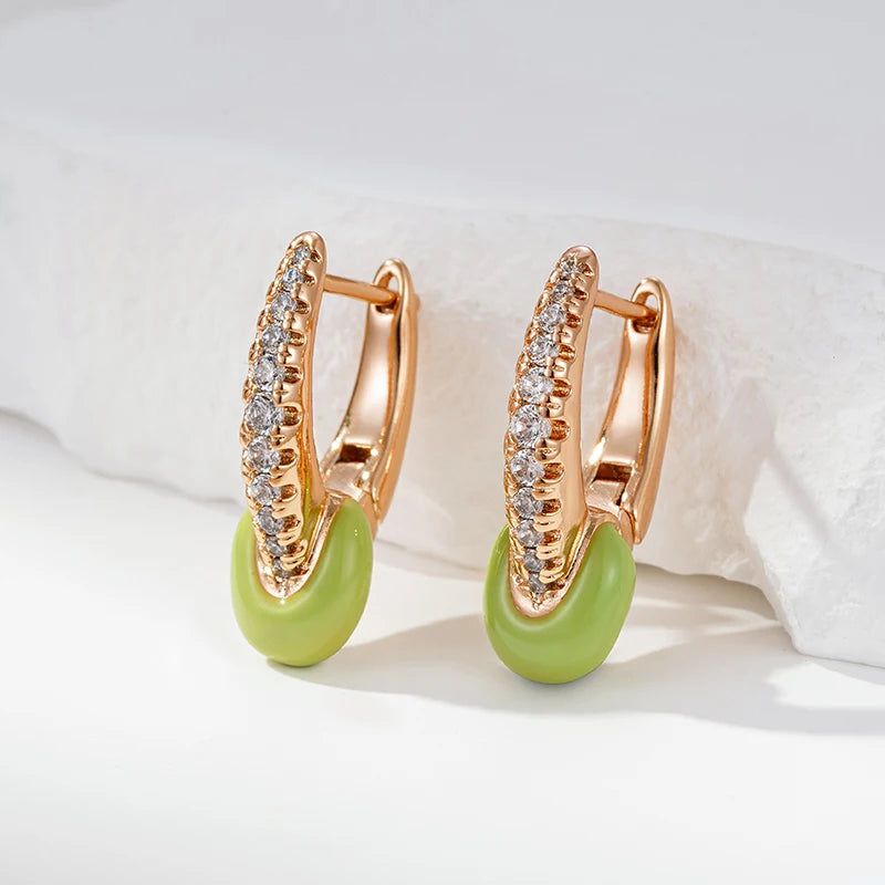 Rose Gold Green Enamel Geometric Drop Earrings with Natural Zircon