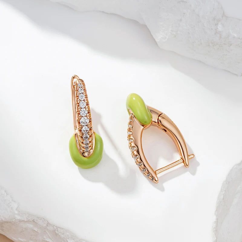 Rose Gold Green Enamel Geometric Drop Earrings with Natural Zircon