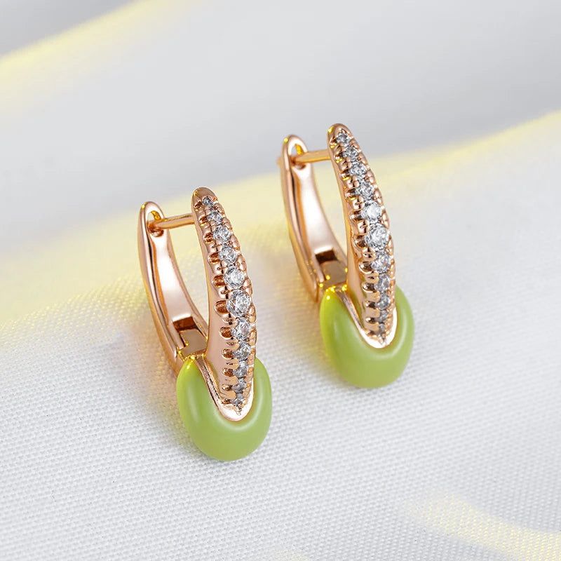 Rose Gold Green Enamel Geometric Drop Earrings with Natural Zircon