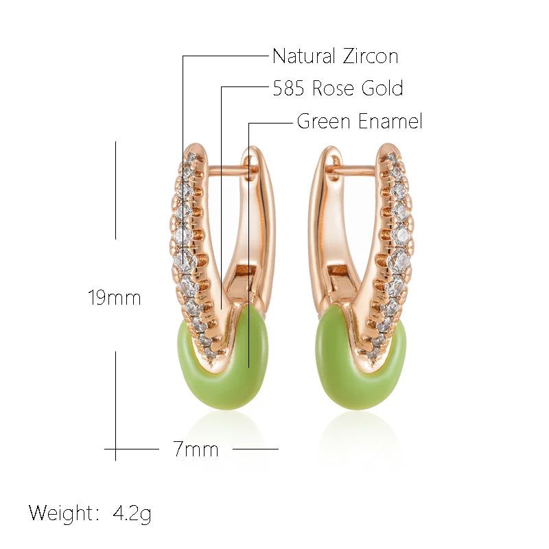 Rose Gold Green Enamel Geometric Drop Earrings with Natural Zircon