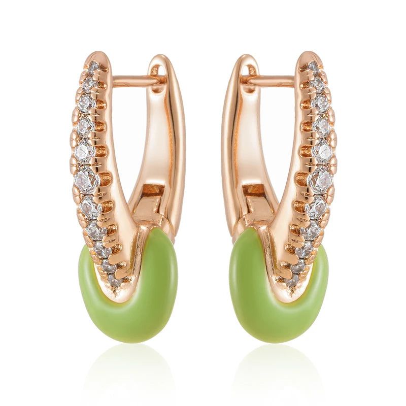 Rose Gold Green Enamel Geometric Drop Earrings with Natural Zircon