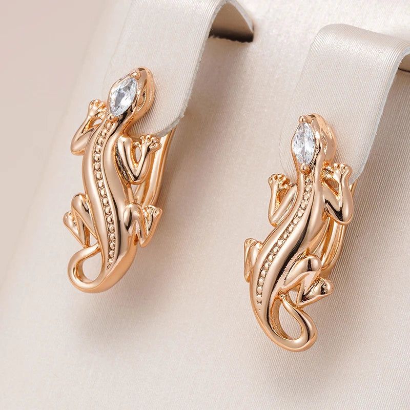 Rose Gold Punk Lizard Drop Earrings with Natural Zircon Inlay - Trendy Fashion Jewelry