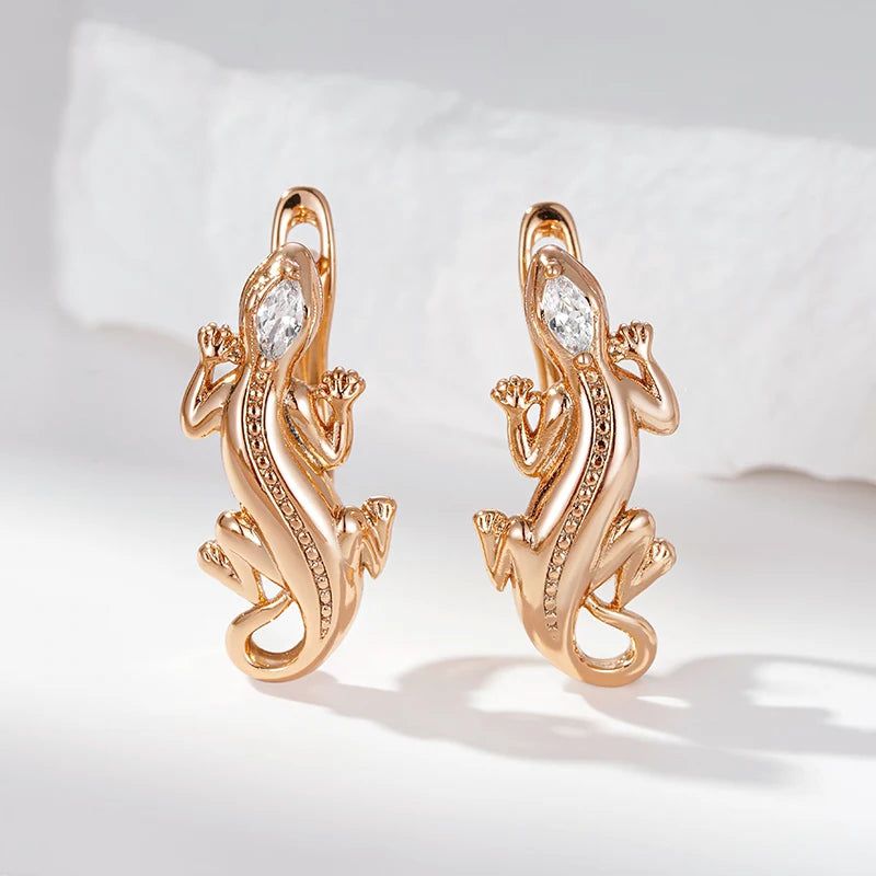 Rose Gold Punk Lizard Drop Earrings with Natural Zircon Inlay - Trendy Fashion Jewelry