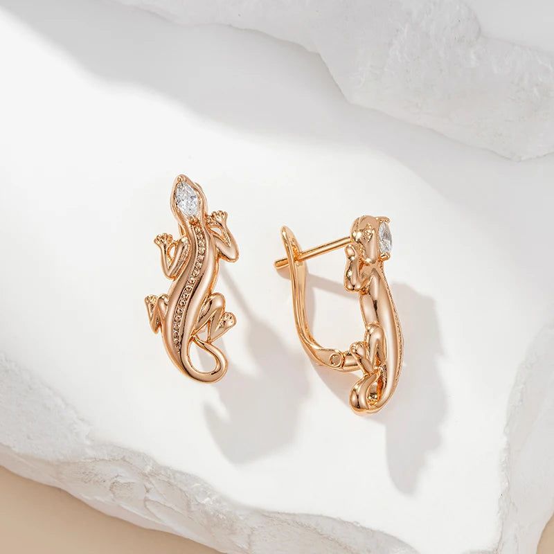 Rose Gold Punk Lizard Drop Earrings with Natural Zircon Inlay - Trendy Fashion Jewelry