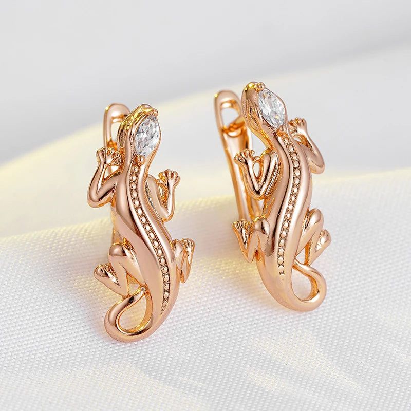 Rose Gold Punk Lizard Drop Earrings with Natural Zircon Inlay - Trendy Fashion Jewelry