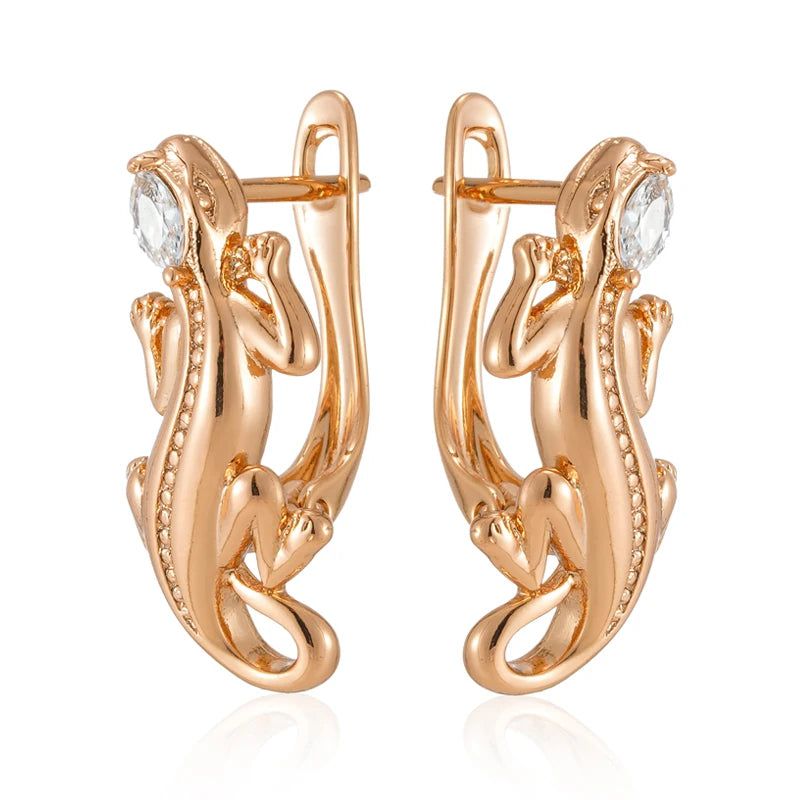 Rose Gold Punk Lizard Drop Earrings with Natural Zircon Inlay - Trendy Fashion Jewelry