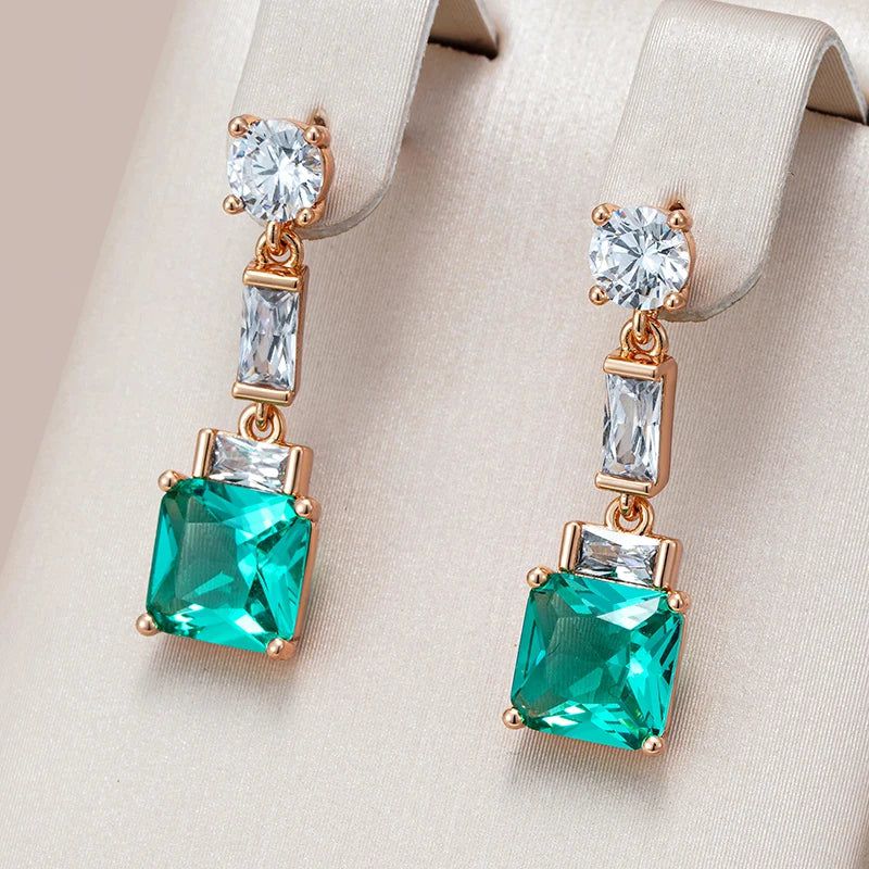 Rose Gold Square Drop Earrings with Green Natural Zircon - Elegant Fashion Jewelry