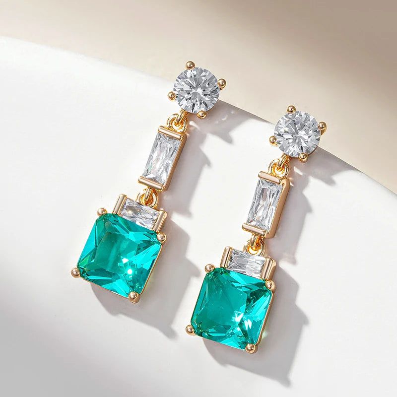 Rose Gold Square Drop Earrings with Green Natural Zircon - Elegant Fashion Jewelry