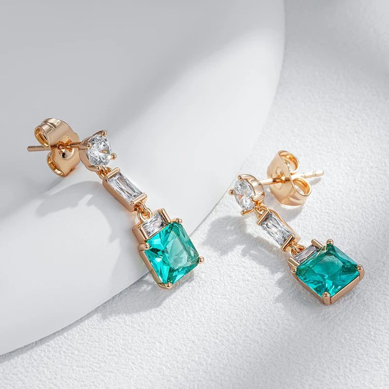 Rose Gold Square Drop Earrings with Green Natural Zircon - Elegant Fashion Jewelry