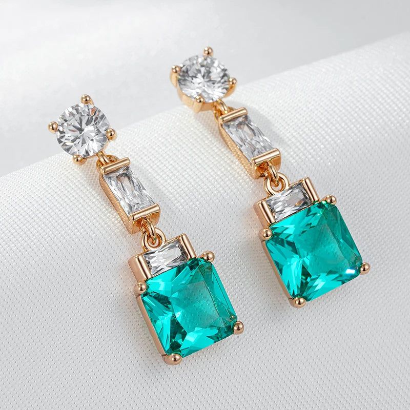 Rose Gold Square Drop Earrings with Green Natural Zircon - Elegant Fashion Jewelry