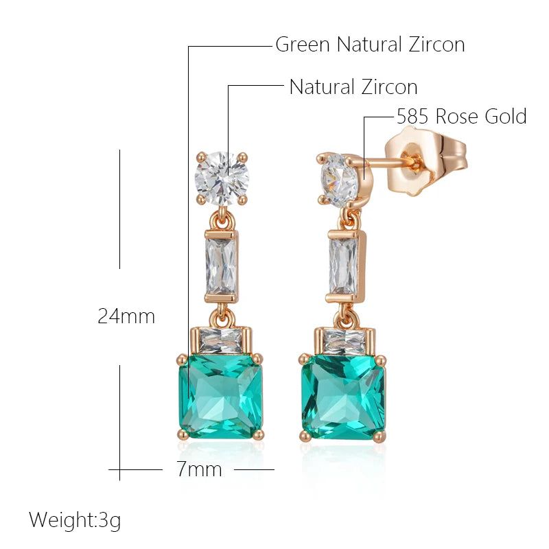 Rose Gold Square Drop Earrings with Green Natural Zircon - Elegant Fashion Jewelry