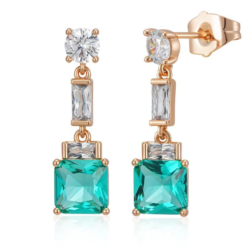 Rose Gold Square Drop Earrings with Green Natural Zircon - Elegant Fashion Jewelry