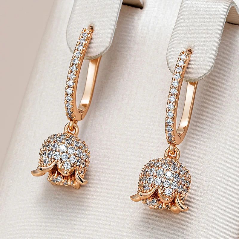 Rose Gold Vintage Crystal Flower Long Drop Earrings with Natural Zircon