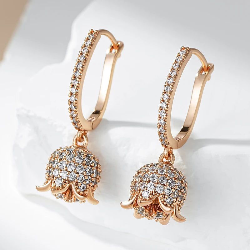 Rose Gold Vintage Crystal Flower Long Drop Earrings with Natural Zircon