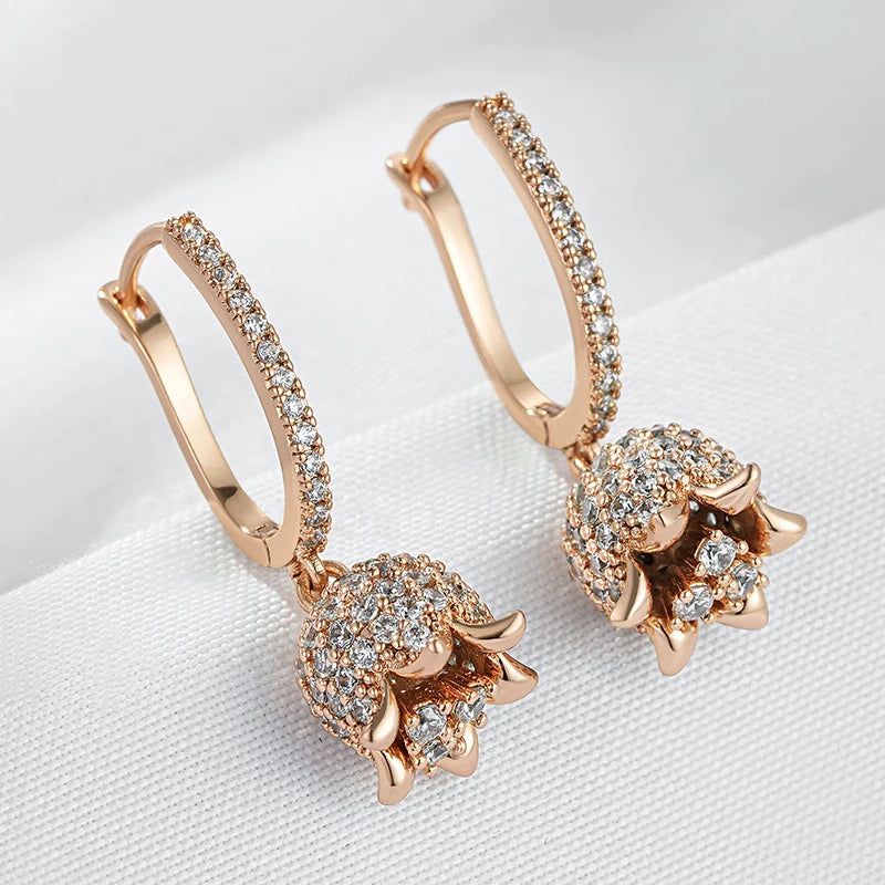 Rose Gold Vintage Crystal Flower Long Drop Earrings with Natural Zircon