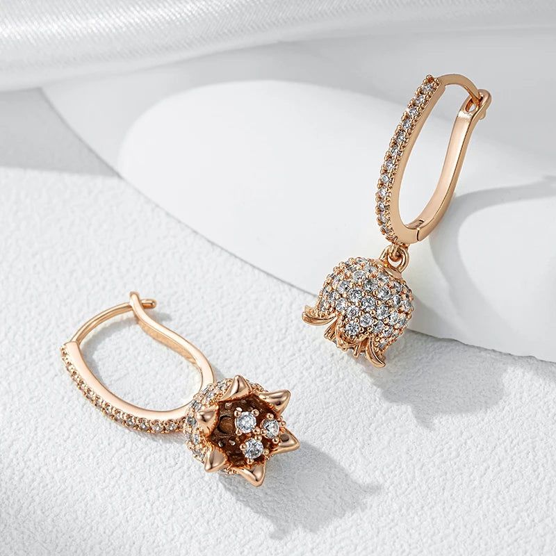 Rose Gold Vintage Crystal Flower Long Drop Earrings with Natural Zircon