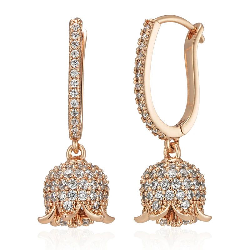 Rose Gold Vintage Crystal Flower Long Drop Earrings with Natural Zircon