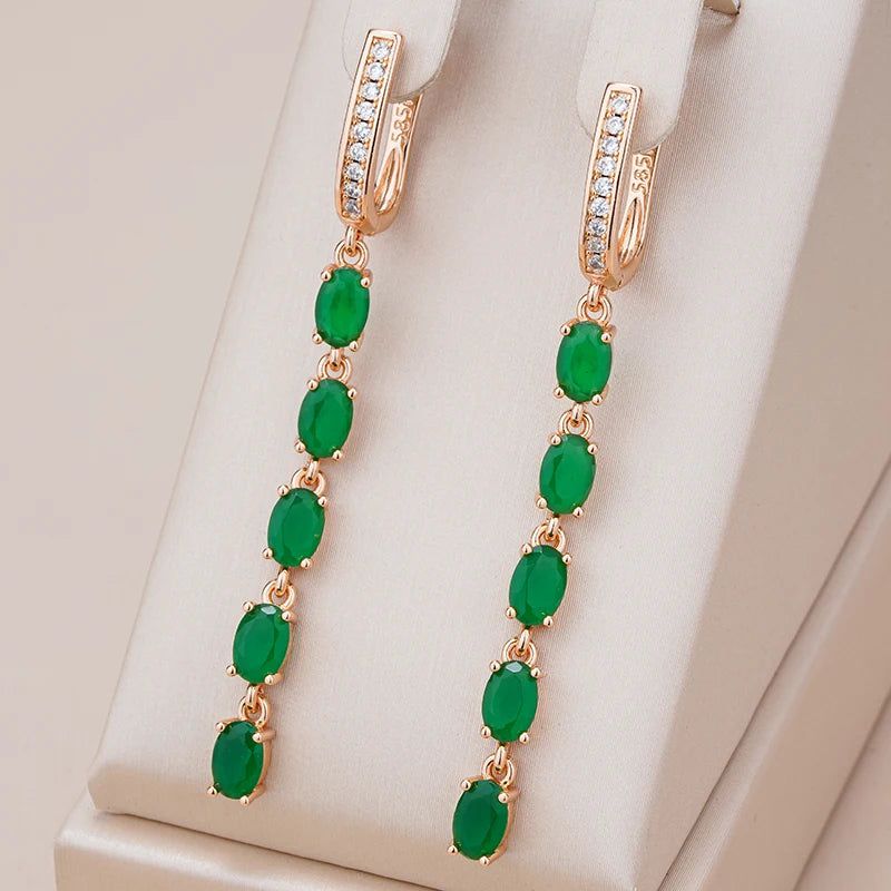 Rose Gold Vintage Long Tassel Earrings with Green Natural Zircon Drop