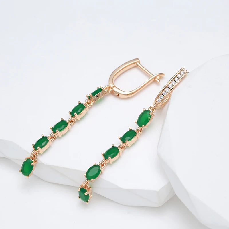 Rose Gold Vintage Long Tassel Earrings with Green Natural Zircon Drop