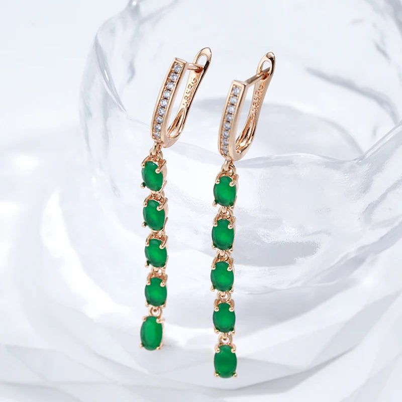 Rose Gold Vintage Long Tassel Earrings with Green Natural Zircon Drop