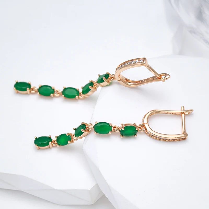 Rose Gold Vintage Long Tassel Earrings with Green Natural Zircon Drop