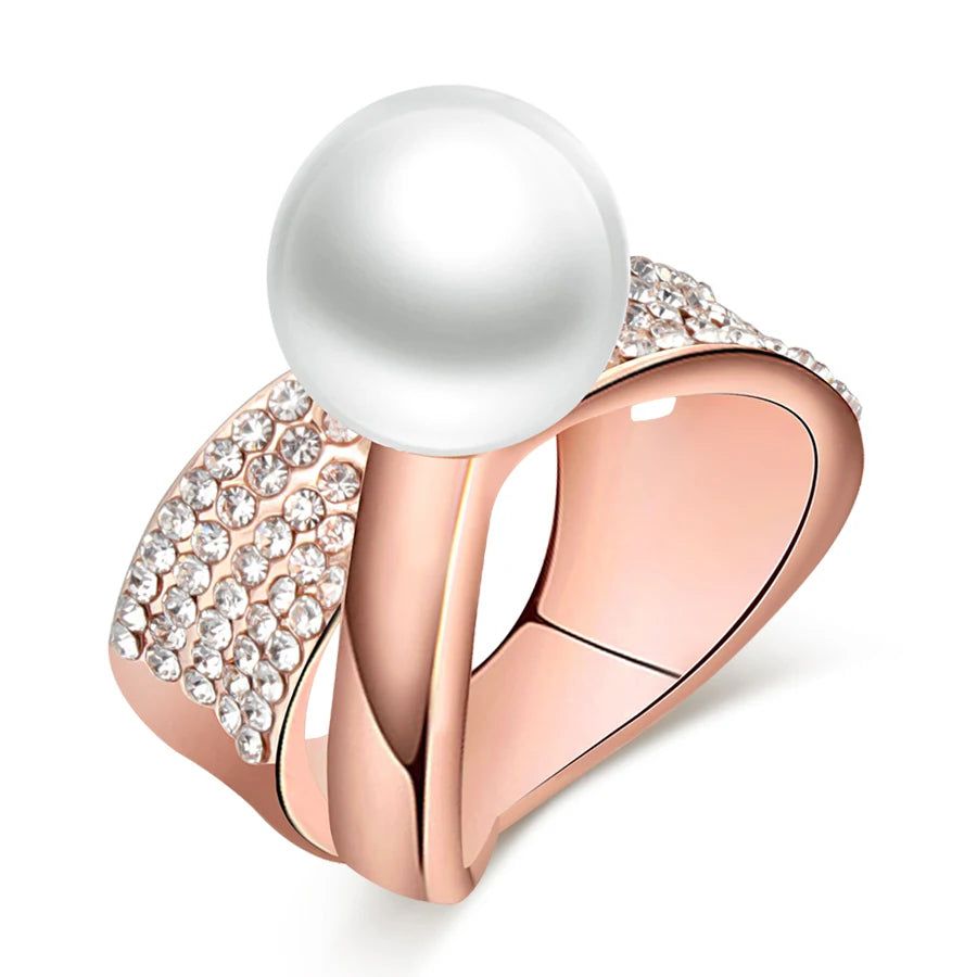 Rose Gold Vintage Pearl Cocktail Ring with Crystal Accents