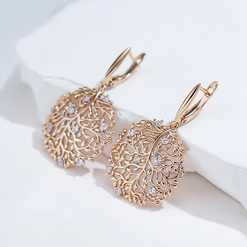 Rose Gold Vintage Zircon Flower Drop Earrings with Glossy Crystal Accents