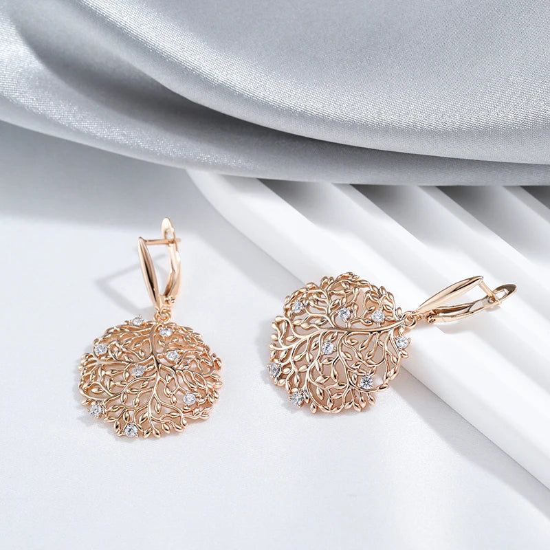 Rose Gold Vintage Zircon Flower Drop Earrings with Glossy Crystal Accents