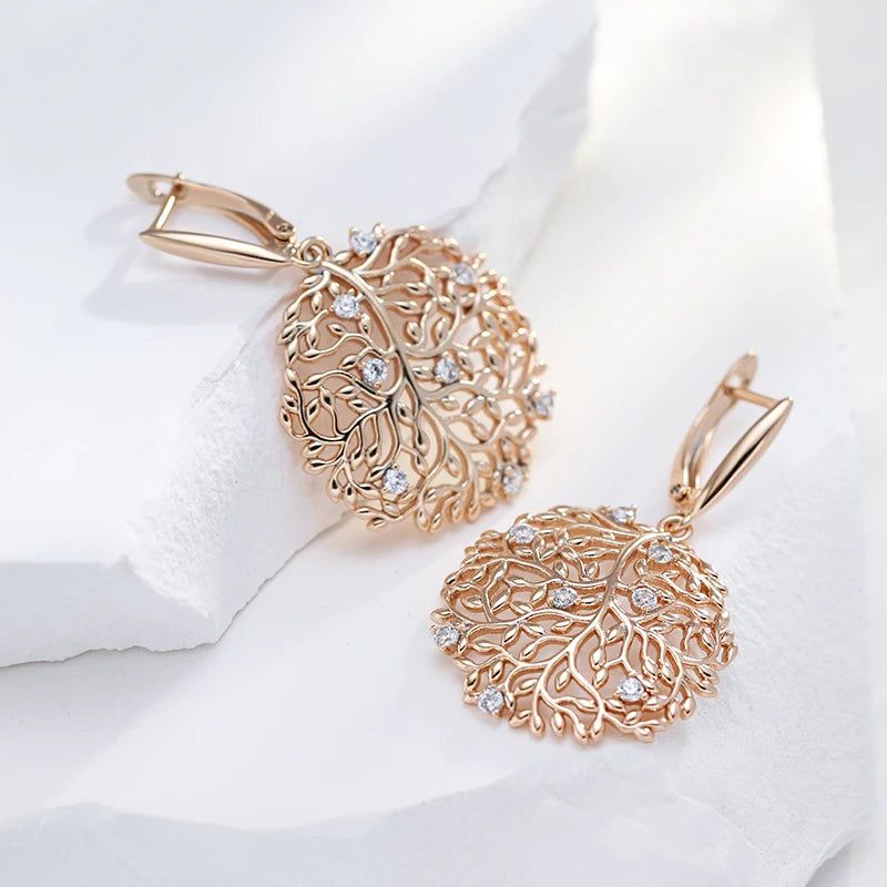 Rose Gold Vintage Zircon Flower Drop Earrings with Glossy Crystal Accents