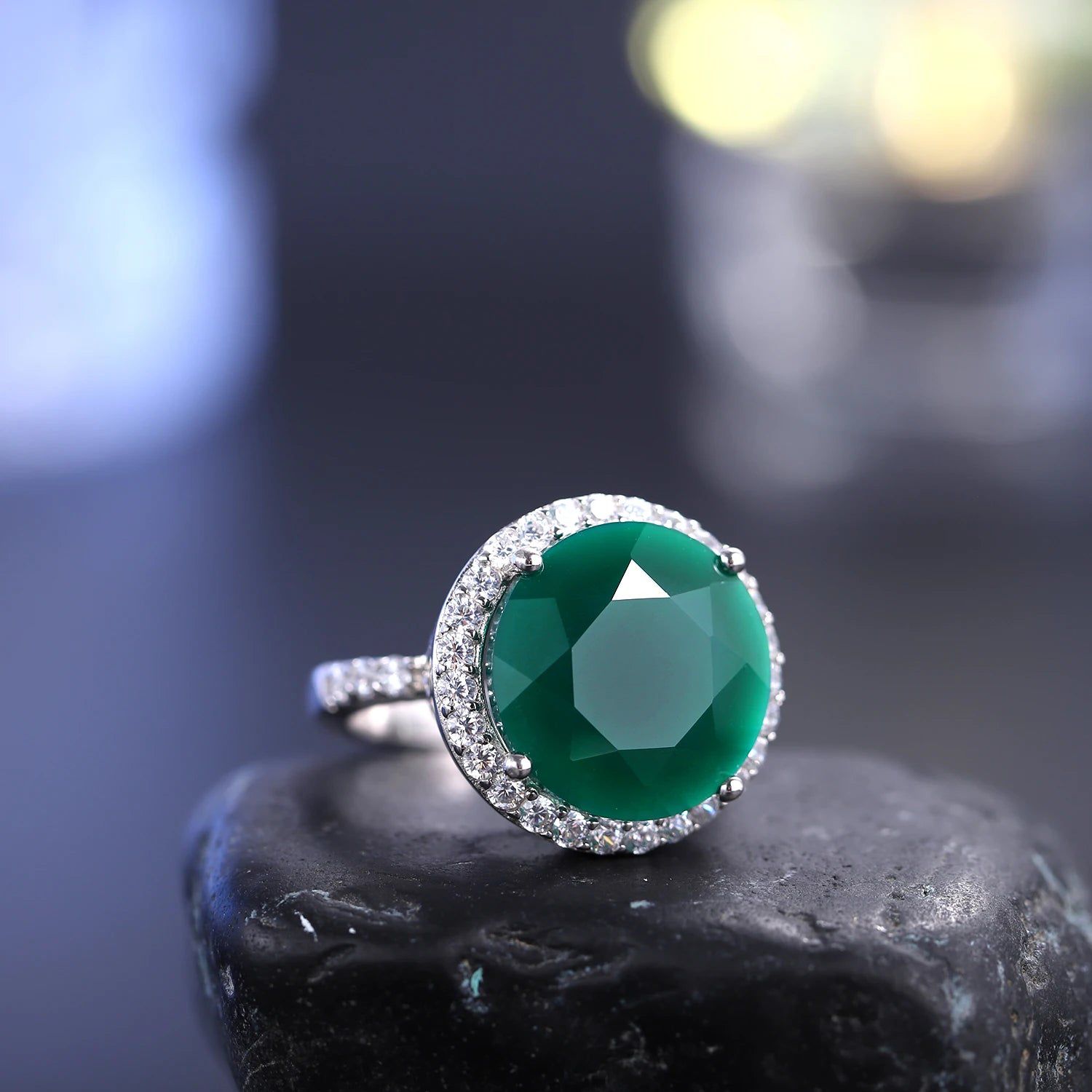 Round 11mm Natural Green Agate Handmade Silver Ring Women