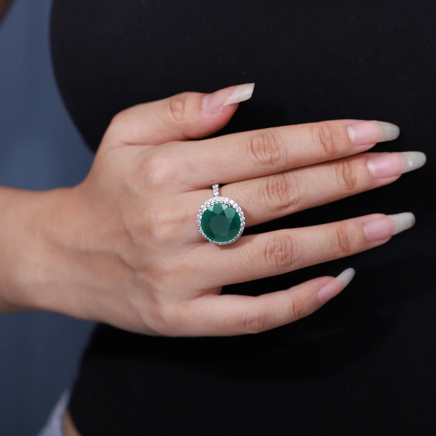 Round 11mm Natural Green Agate Handmade Silver Ring Women